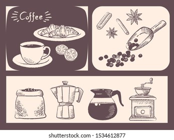 Coffee and related items for cafe menu or other use. Vintage style. Vector illustration.