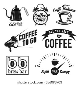 Coffee related labels, badges and design elements set. All you need is coffee. Coffee to go. Brew bar and coffee shop signs.