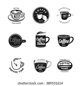 Coffee related labels, badges and design elements set.  Better latte than never. Coffee time. Coffee point. Vintage vector illustration.