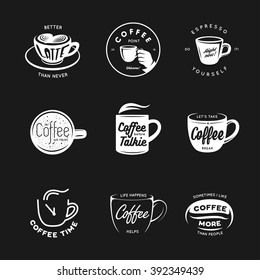 Coffee related labels, badges and design elements set.  Better latte than never. Coffee time. Coffee point. Vintage vector illustration.