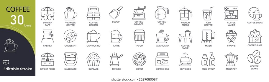 Coffee related line icons set. Pack outline pictograms of beans, shop, cafe, french press, croissant, cappuccino, latte, americano and other. Editable stroke . Outline icons.