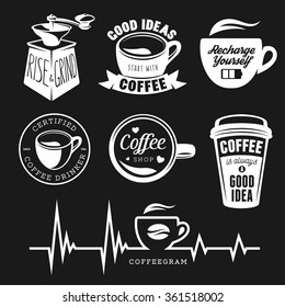 Coffee related posters, labels, badges and design elements set. Good ideas start with coffee. Recharge yourself quote. Rise and grind phrase. Coffee shop sign.