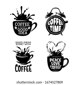 Coffee Related Quotes Set. Motivational Phrases About Coffee. Trendy Design Elements For Wall Art Prints, Posters, Stickers Decoration. Vector Vintage Illustration.