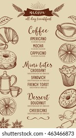Coffee restaurant brochure, beverage menu design. Tea vintage board. Vector cafe template with hand-drawn graphic. 