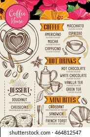 Coffee restaurant brochure, beverage menu design. Tea vintage board. Vector cafe template with hand-drawn graphic. 