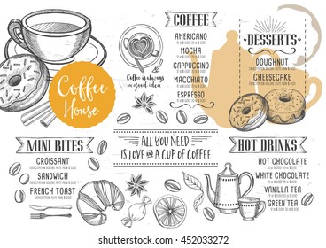 Coffee restaurant brochure vector, beverage shop menu design. Vector cafe template with hand-drawn graphic. Drink flyer.