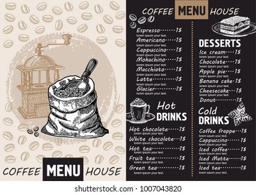 Coffee Restaurant Brochure Vector, Coffee Shop Menu Design. Vector Cafe Template With Hand-drawn Graphic.