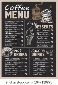Coffee restaurant brochure vector, coffee shop menu design. Vector cafe template with hand-drawn graphic. Coffee flyer.