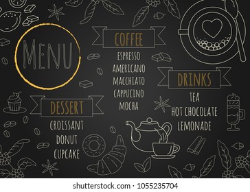 Coffee Restaurant Brochure Vector, Coffee Shop Menu Design. Modern Cafe Template With Coffee And Tea Graphic Icons. Coffee Flyer. Restaurant Menu Design With Chalkboard Background. Vector Illustration