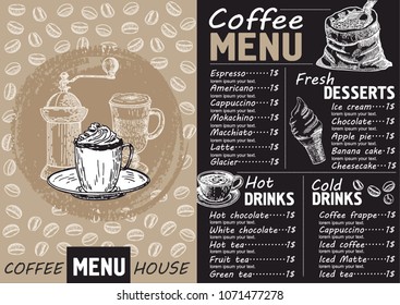 Coffee restaurant brochure vector, coffee shop menu design. Vector cafe template with hand-drawn graphic. Coffee flyer.