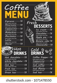 Coffee restaurant brochure vector, coffee shop menu design. Vector cafe template with hand-drawn graphic. Coffee flyer.