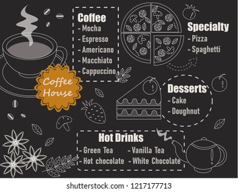 Coffee restaurant brochure vector, coffee shop menu design. Vector cafe template with hand-drawn graphic. Coffee flyer.