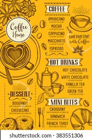 Coffee Restaurant Brochure Vector, Coffee Shop Menu Design. Vector Cafe Template With Hand-drawn Graphic. Coffee Flyer.