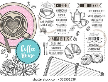 Coffee restaurant brochure vector, coffee shop menu design. Vector cafe template with hand-drawn graphic. Coffee flyer.