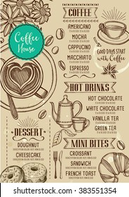 Coffee restaurant brochure vector, coffee shop menu design. Vector cafe template with hand-drawn graphic. Coffee flyer.