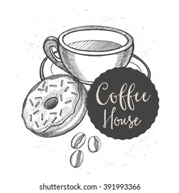 Coffee restaurant brochure vector, coffee shop menu design. Vector cafe template with hand-drawn graphic. Coffee flyer.