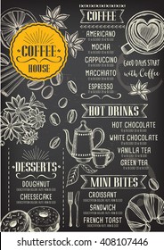 Coffee Restaurant Brochure Vector, Coffee Shop Menu Design. Vector Cafe Template With Hand-drawn Graphic. Coffee Flyer.