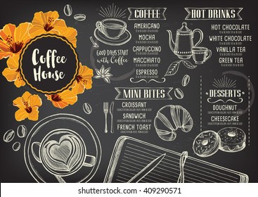 Coffee restaurant brochure vector, coffee shop menu design. Vector cafe template with hand-drawn graphic. Coffee flyer.