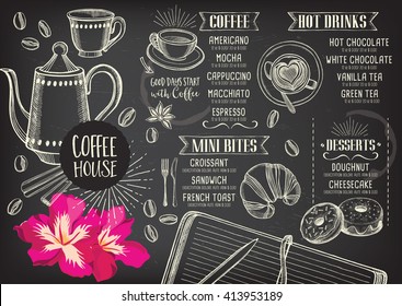 Coffee restaurant brochure vector, coffee shop menu design. Vector cafe template with hand-drawn graphic. Coffee flyer.