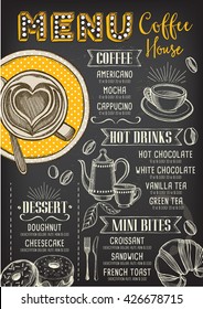 Coffee restaurant brochure vector, coffee shop menu design. Vector cafe template with hand-drawn graphic. Coffee flyer.