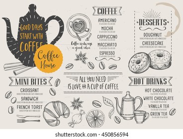 Coffee Restaurant Brochure Vector, Coffee Shop Menu Design. Vector Cafe Template With Hand-drawn Graphic. Coffee Flyer.