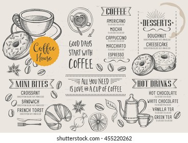 Coffee Restaurant Brochure Vector, Coffee Shop Menu Design. Vector Cafe Template With Hand-drawn Graphic. 