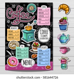 Coffee restaurant brochure vector, coffee shop menu design, sketch style. Coffee, desserts, tea, breakfast, cakes, donut. Lettering, cup, logo. Hand drawn vector.