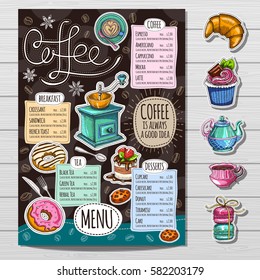 Coffee restaurant brochure vector, coffee shop menu design, sketch style. Coffee, desserts, tea, breakfast, cakes, donut. Lettering, cup, logo. Hand drawn vector.