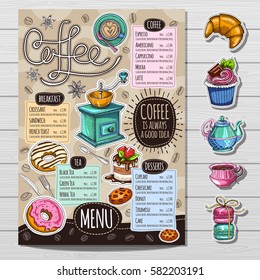 Coffee Restaurant Brochure Vector, Coffee Shop Menu Design, Sketch Style. Coffee, Desserts, Tea, Breakfast, Cakes, Donut. Lettering, Cup, Logo. Hand Drawn Vector.