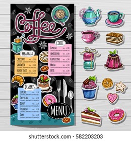Coffee restaurant brochure vector, coffee shop menu design, sketch style. Coffee, desserts, tea, breakfast, cakes, donut. Lettering, cup, logo. Hand drawn vector.
