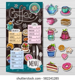 Coffee restaurant brochure vector, coffee shop menu design, sketch style. Coffee, desserts, tea, breakfast, cakes, donut. Lettering, cup, logo. Hand drawn vector.