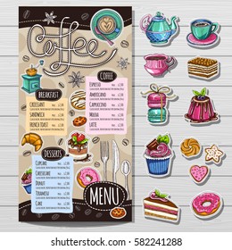 Coffee restaurant brochure vector, coffee shop menu design, sketch style. Coffee, desserts, tea, breakfast, cakes, donut. Lettering, cup, logo. Hand drawn vector.