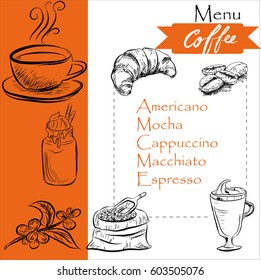 Coffee restaurant brochure vector, coffee shop menu design. Vector cafe template with hand-drawn graphic. 