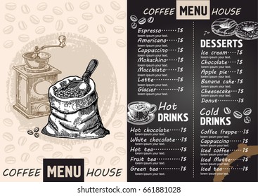 Coffee Restaurant Brochure Vector, Coffee Shop Menu Design. Vector Cafe Template With Hand-drawn Graphic. 