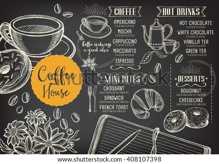 Coffee restaurant brochure vector, coffee shop menu design. Vector cafe template with hand-drawn graphic. Coffee flyer.