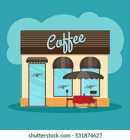 Coffee restaurant front on blue background. Vector illustration.