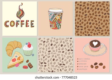 Coffee restaurant hand drawn cartoon doodle vector illustrations set, shop menu design. 