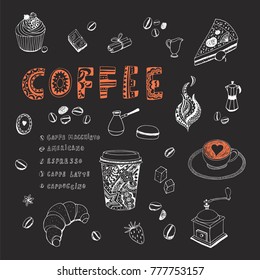 Coffee restaurant hand drawn cartoon doodle vector illustrations set, shop menu design. 