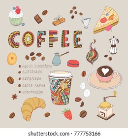 Coffee restaurant hand drawn cartoon doodle vector illustrations set, shop menu design. 