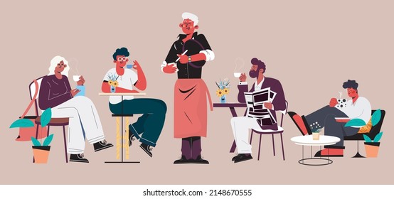 Coffee restaurant icons waiter customers sketch cartoon characters SVG svg