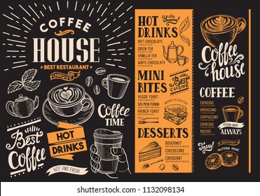 Coffee Restaurant Menu. Beverage Flyer For Bar And Cafe. Design Template With Vintage Hand-drawn Food Illustrations.