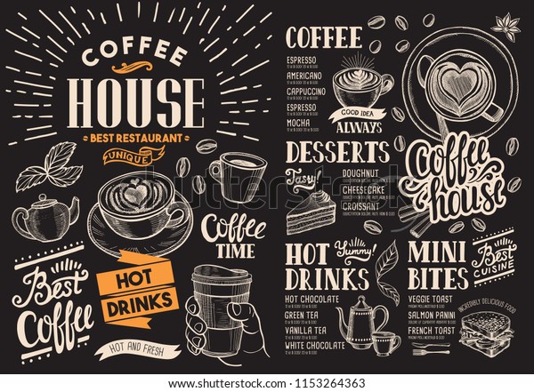黒板の上にコーヒーレストランのメニュー バーやカフェ 用のベクタードリンクフライヤー ビンテージ手描きの食べ物イラストを使ったデザインテンプレート のベクター画像素材 ロイヤリティフリー