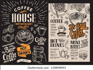 Coffee restaurant menu. Vector beverage flyer for bar and cafe. Blackboard design template with vintage hand-drawn food illustrations.