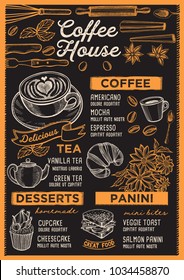 Coffee restaurant menu. Vector drink flyer for bar and cafe. Design template with vintage hand-drawn food illustrations.