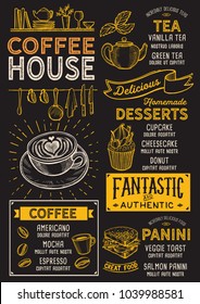 Coffee restaurant menu. Vector drink flyer for bar and cafe. Design template with vintage hand-drawn food illustrations.