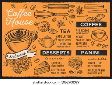 Coffee restaurant menu. Vector drink flyer for bar and cafe. Design template with vintage hand-drawn food illustrations.