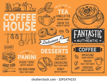 Coffee restaurant menu. Vector drink flyer for bar and cafe. Design template with vintage hand-drawn food illustrations.