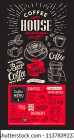 Coffee restaurant menu. Vector drink flyer for bar and cafe. Red template with vintage hand-drawn food illustrations.