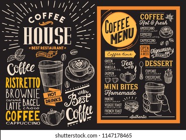 Coffee restaurant menu. Vector drink flyer for bar and cafe. Design template on blackboard background with vintage hand-drawn food illustrations.