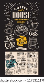 Coffee restaurant menu vector drink flyer for bar and cafe design template with vintage hand-drawn food illustrations on chalkboard background